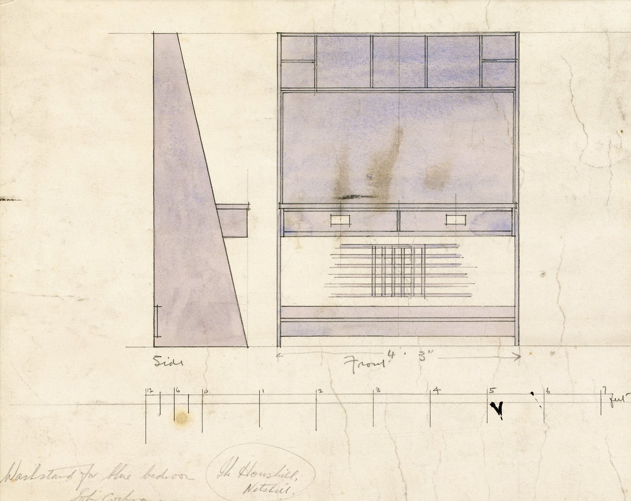 Design för ett tvättställ, visad i sido- och frontvy, 1904 av Charles Rennie Mackintosh