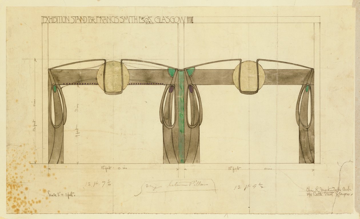 Design för en utställningsmonter för Francis Smith, använd på Glasgow-utställningen, visad i höjdled, 1901 av Charles Rennie Mackintosh