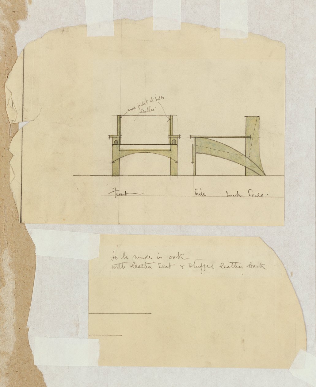 Design för en fåtölj i ek, visad i fram- och sidovyer, 1905 av Charles Rennie Mackintosh