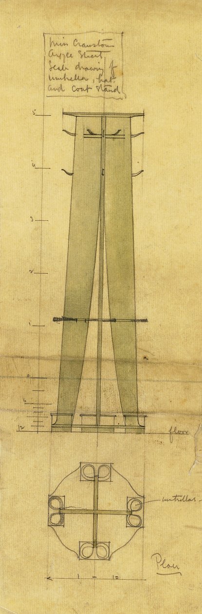 Design för ett paraply, hatt och klädstativ, visad i höjd och plan, ca 1898-1899 (penna, akvarell, oljat kalkerpapper) av Charles Rennie Mackintosh