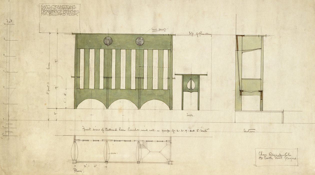 Utformning för bänkar och bord, visad i höjd- och sektionsplan av Charles Rennie Mackintosh