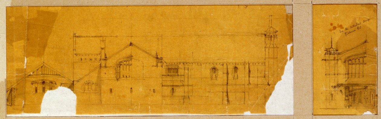 Design för fasaden på en kyrka visad i höjdled, och en underordnad design för entrén till kyrkan, visad i höjdled, ca 1895-99 av Charles Rennie Mackintosh