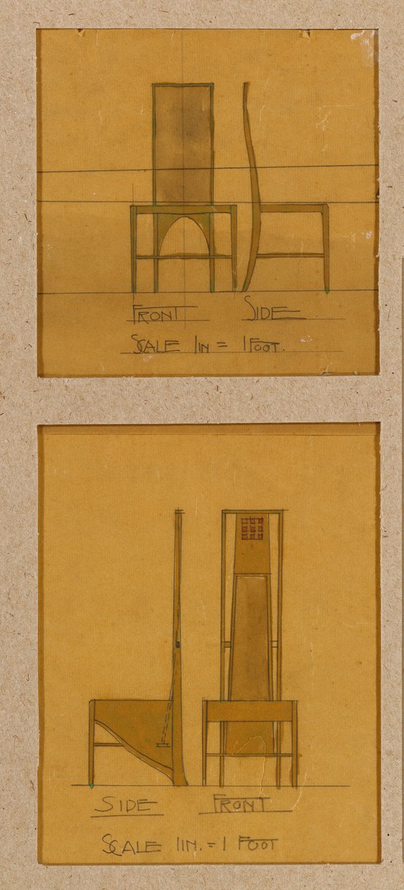 Mönster för stolar som visas på fram- och sidohöjder, för Room de Luxe, Willow Tea Rooms av Charles Rennie Mackintosh