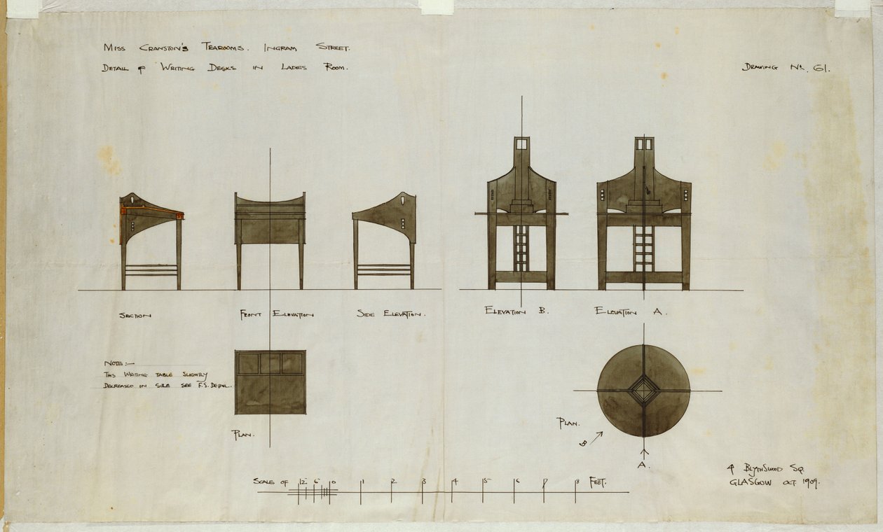 Mönster för skrivbord som visas på fram- och sidohöjder, för Ingram Street Tea Rooms, 1909 av Charles Rennie Mackintosh