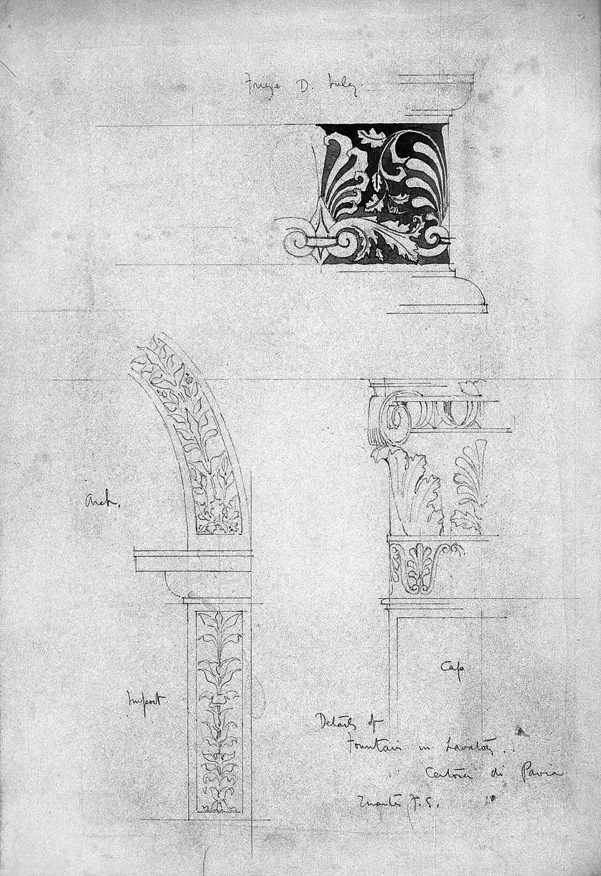 Detaljer om fontänen i toaletten, Certosa di Pavia, 1891 (penna och grå tvätt på papper) av Charles Rennie Mackintosh