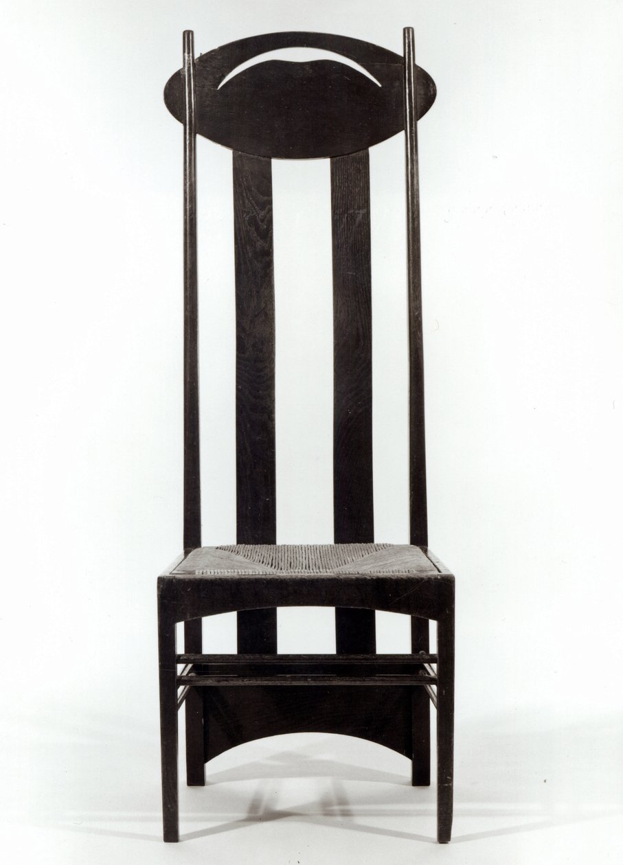 Högryggad stol, ca 1897 (mörkbetsad ek med ryggsits och genomborrade ovala ryggskenor) av Charles Rennie Mackintosh