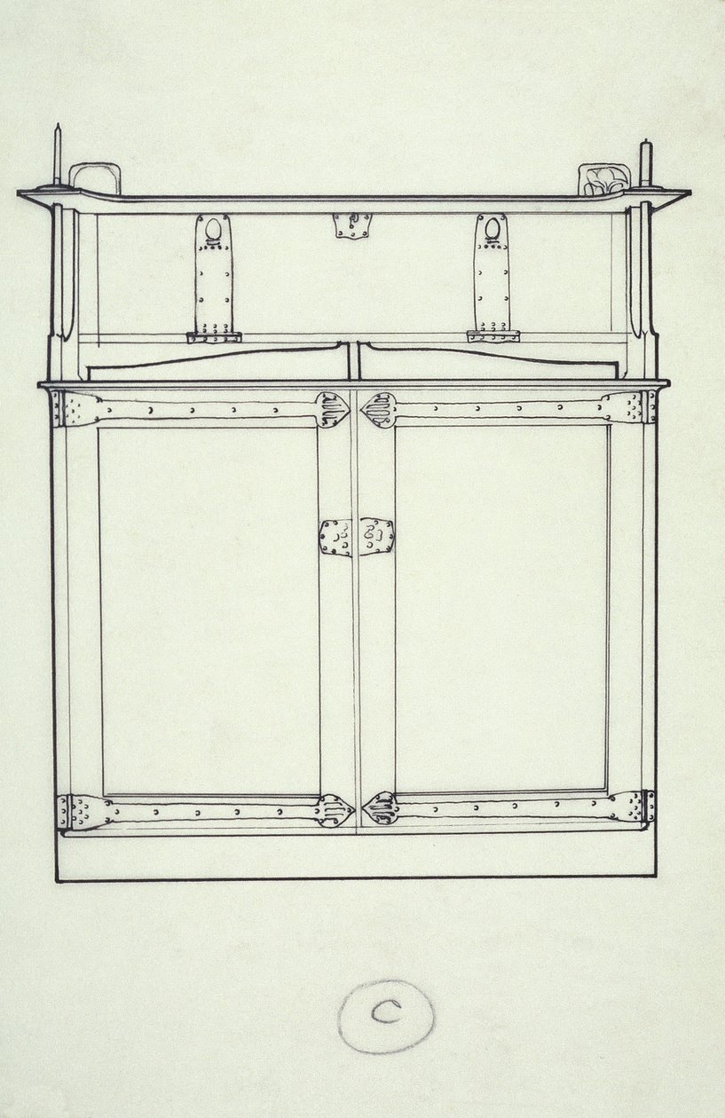 Linjeteckning av möbler (ett skåp), ca 1910 (bläck på papper) av Charles Rennie Mackintosh