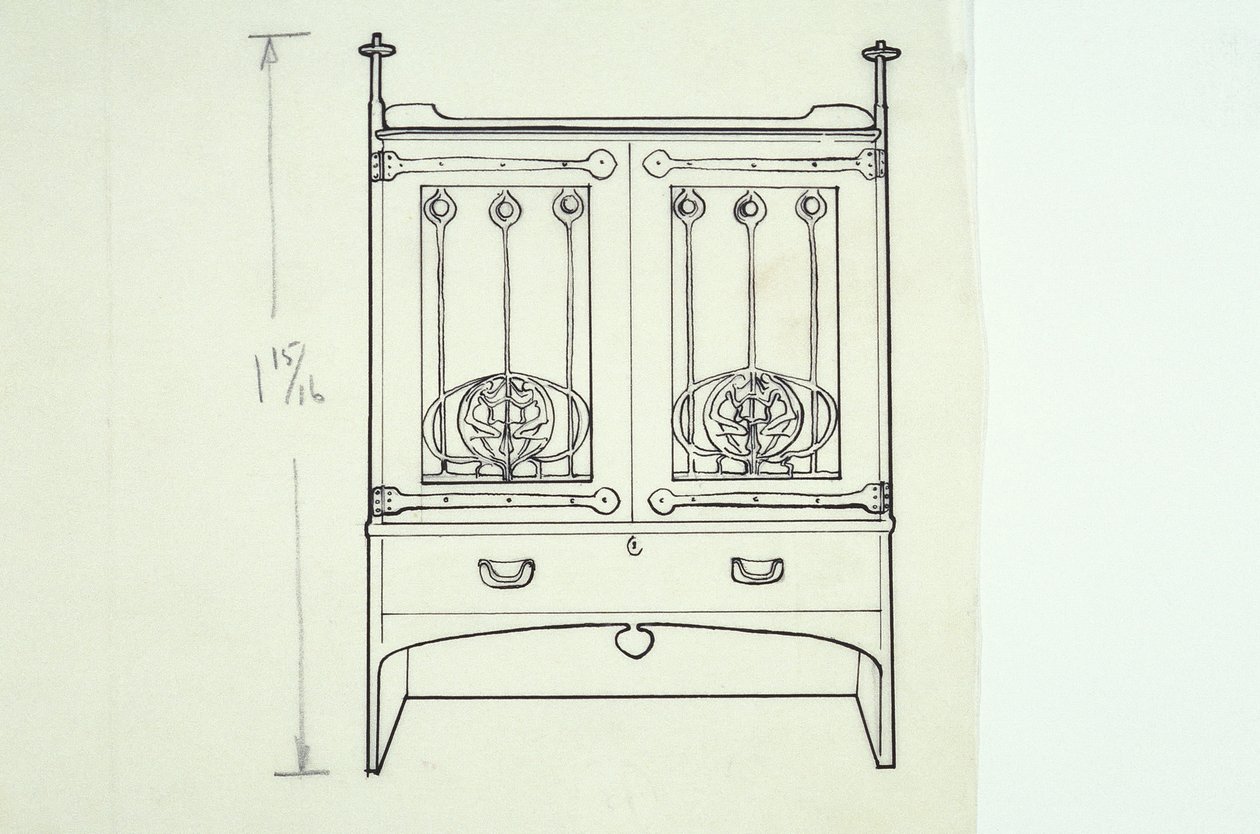 Linjeteckning av möbler (ett toalettbord), ca 1910 (bläck på papper) av Charles Rennie Mackintosh