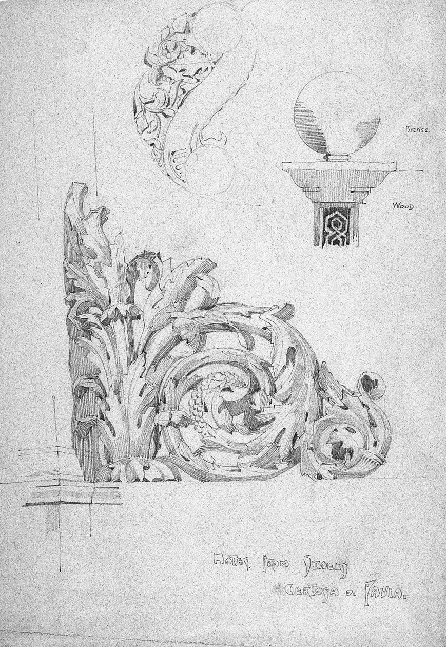 Anteckningar från Italien [sex], Certosa di Pavia, 1891 (Blyerts på blått papper) av Charles Rennie Mackintosh
