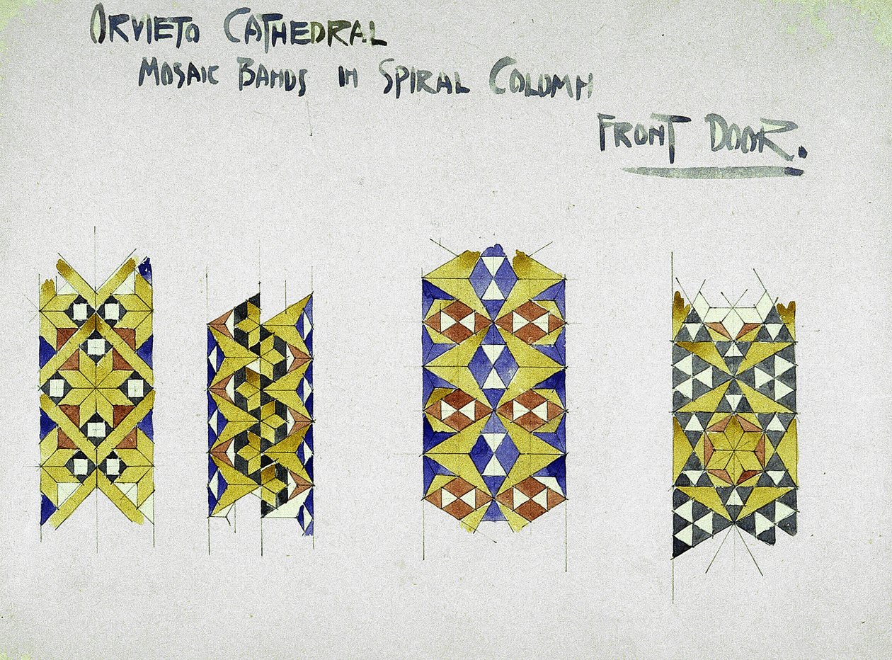 Orvieto Cathedral, Mosaic Bands in Spiral Column, Ytterdörr, 1891 (penna och akvarell på papper) av Charles Rennie Mackintosh