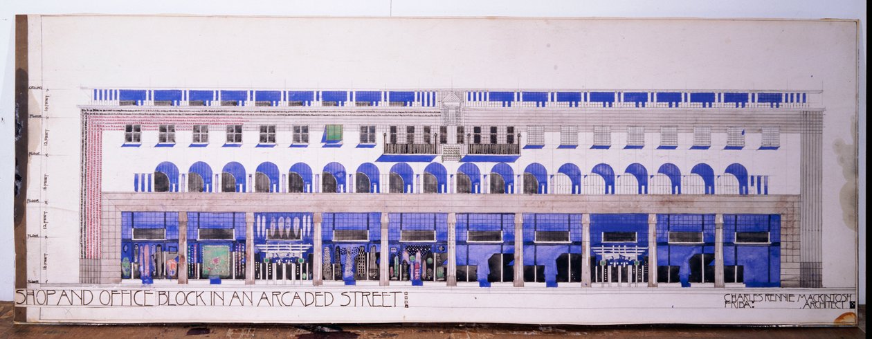 Tidigare oinspelade arkitektoniska ritningar för en butik och arkadgata, ca 1915 av Charles Rennie Mackintosh