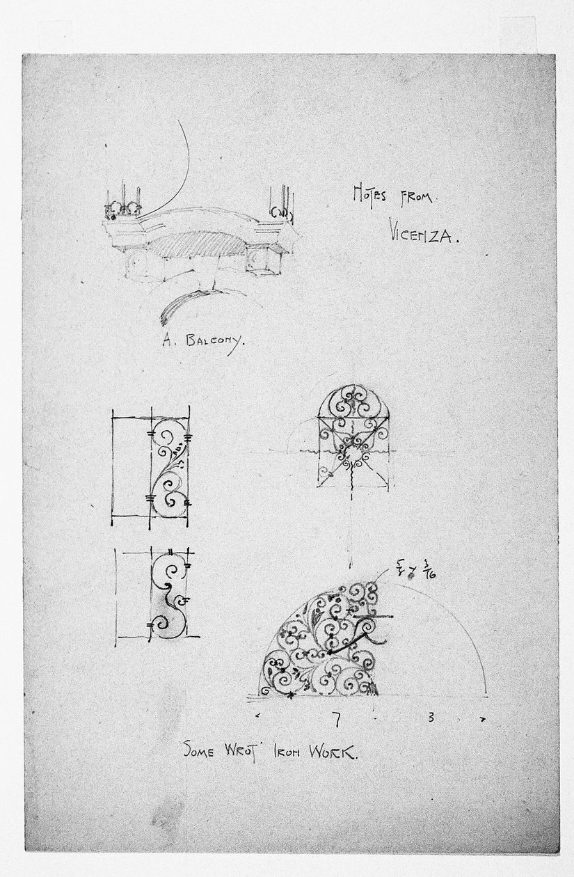Vicenza, till vänster A Balcony, och nedan, Some Wrot [sic] Iron Work, 1891 av Charles Rennie Mackintosh