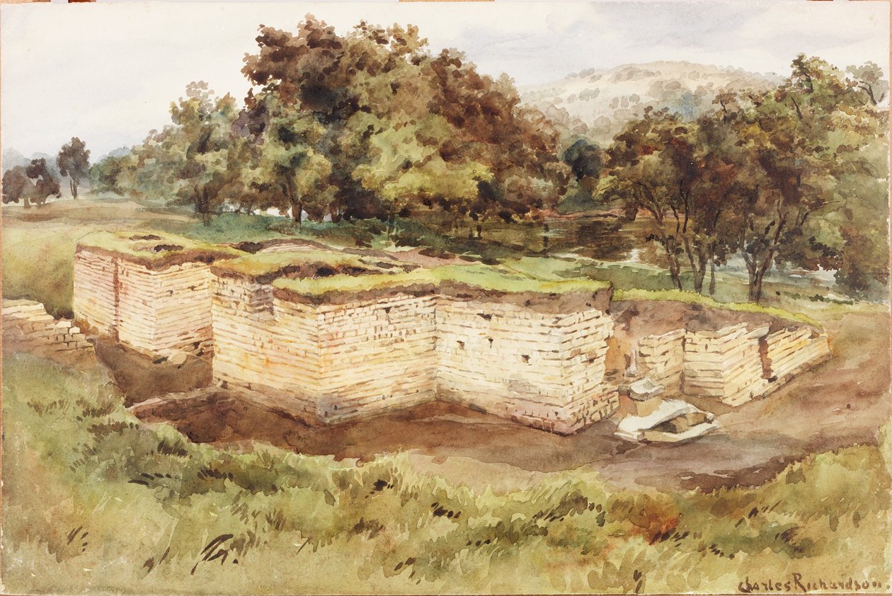 Chesters Bath House från sydväst (kroppsfärg, penna och wc på papper) av Charles Richardson