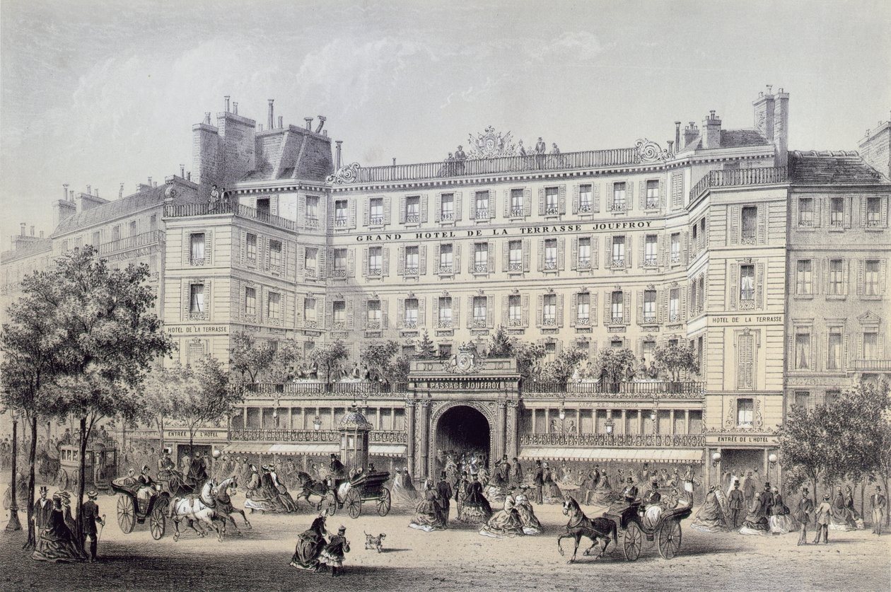 Boulevard Montmartre, Passage Jouffroy och Grand Hotel de la Terrasse Jouffroy, 1865 av Charles Riviere