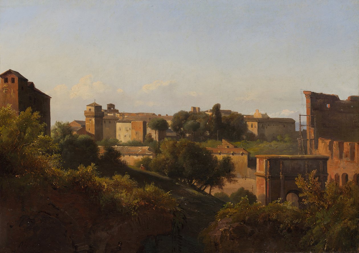 Utsikt över Colosseum och Konstantins båge från Palatinen, ca. 1822-24. av Charles Rémond