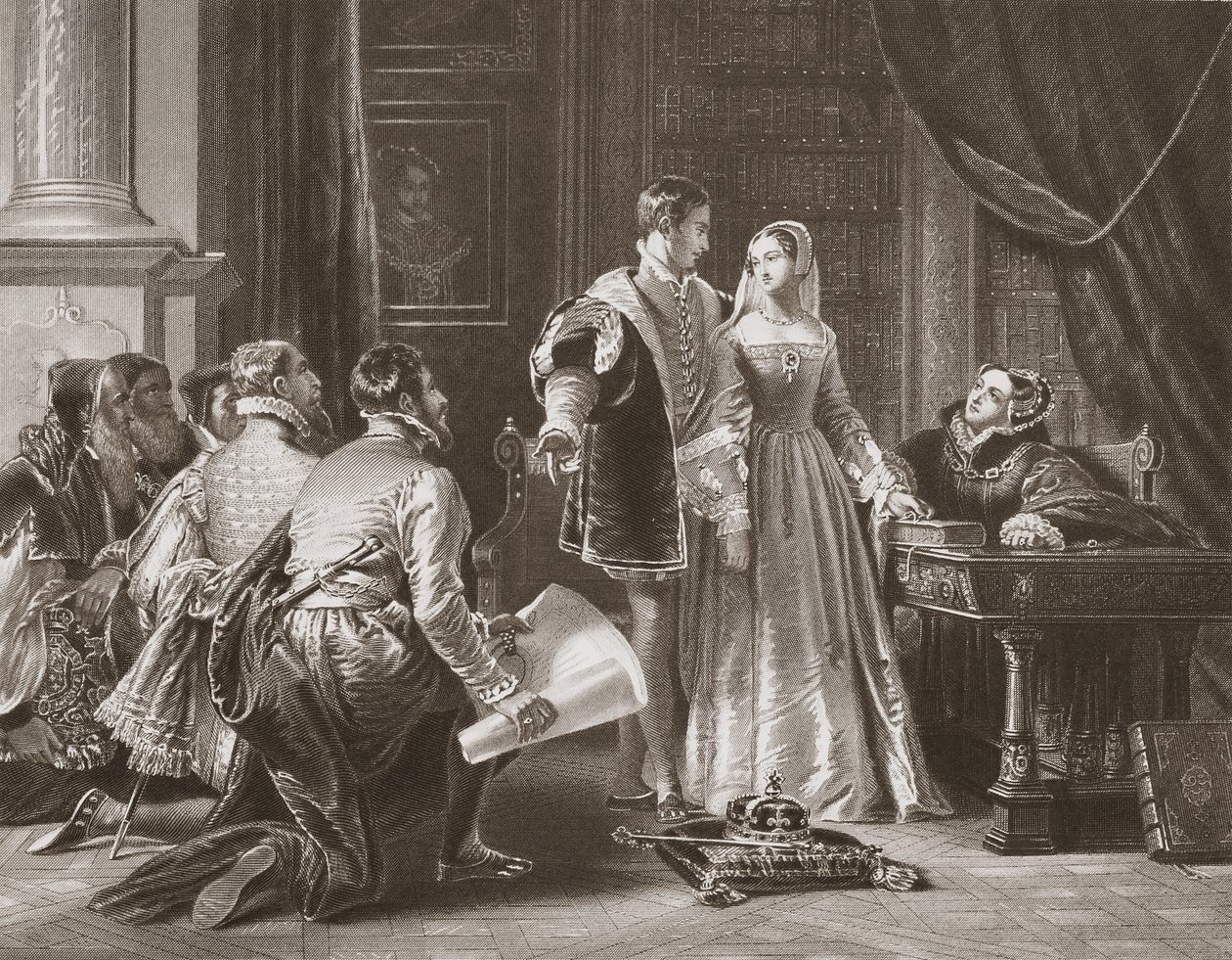Lady Jane Greys ovilja att acceptera kronan, graverad av A.H. Payne (litho) av Charles Robert (after) Leslie