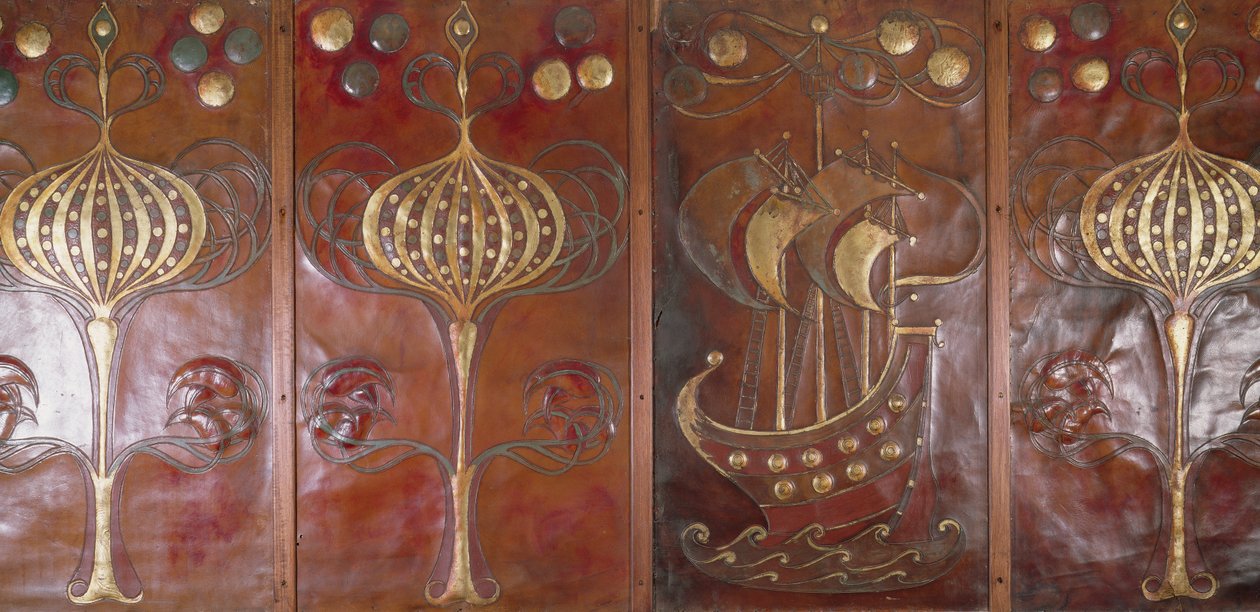 Präglade, målade och förgyllda läderpaneler, tillverkade av Guild of Hanicraft, 1892 (läder) av Charles Robert Ashbee