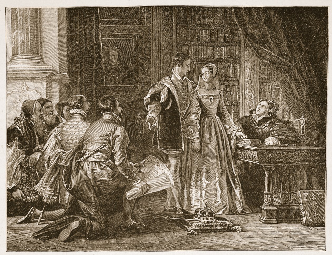 Lady Jane Greys ovilja att acceptera kronan, Sion House, 8 juli 1553, illustration från 