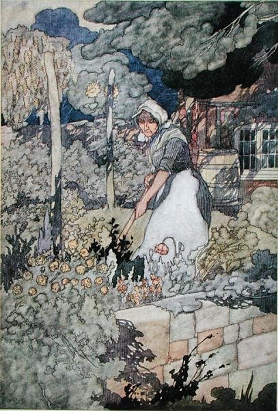 En stuga trädgård, publicerad 1912 (färg litho) av Charles Robinson