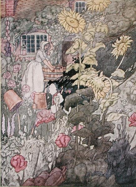 En stuga trädgård, publicerad 1912 (färg litho) av Charles Robinson