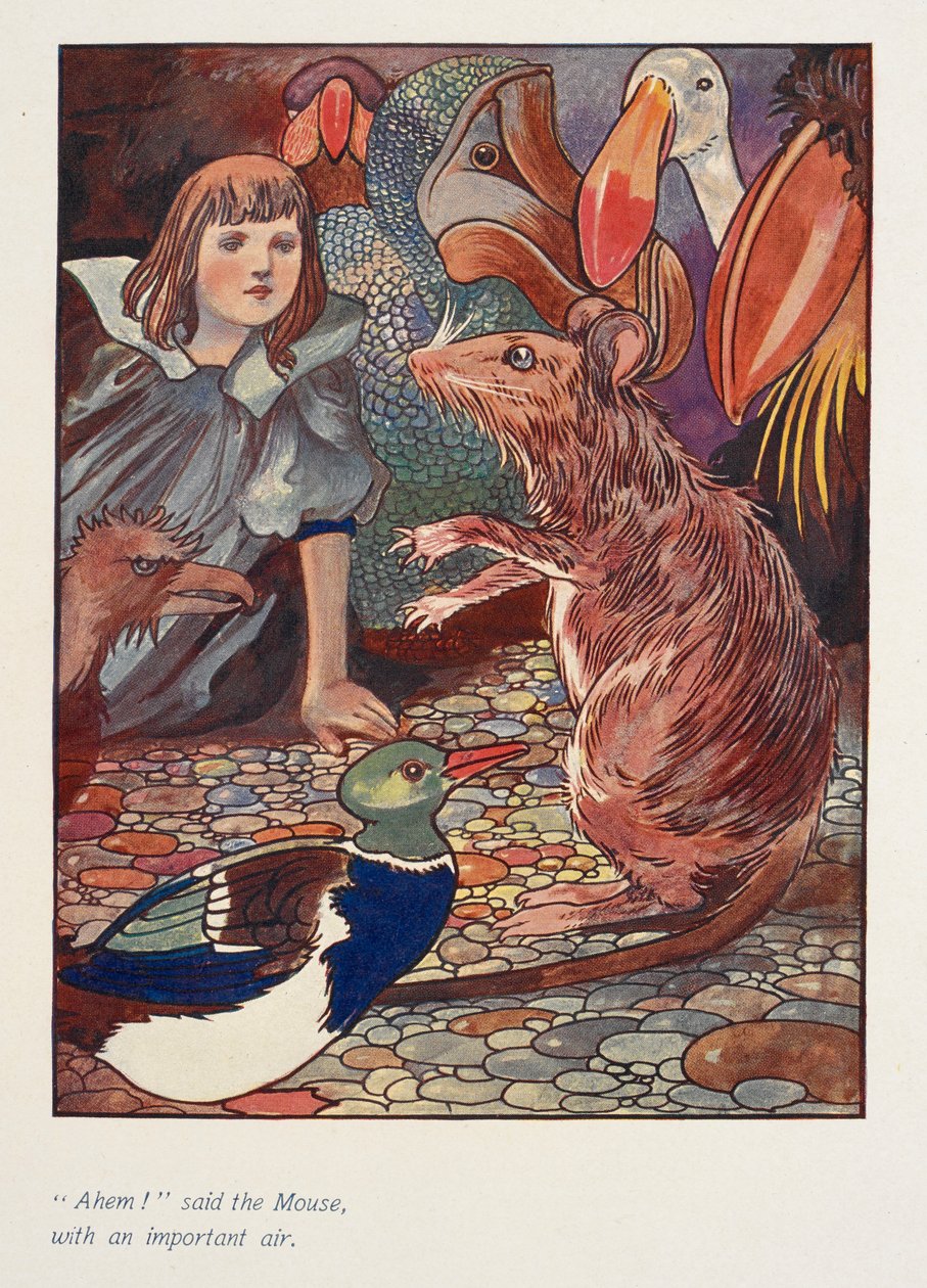 "Ahem!" sa musen, med en viktig min.
Alice med en mus och andra djur. av Charles Robinson