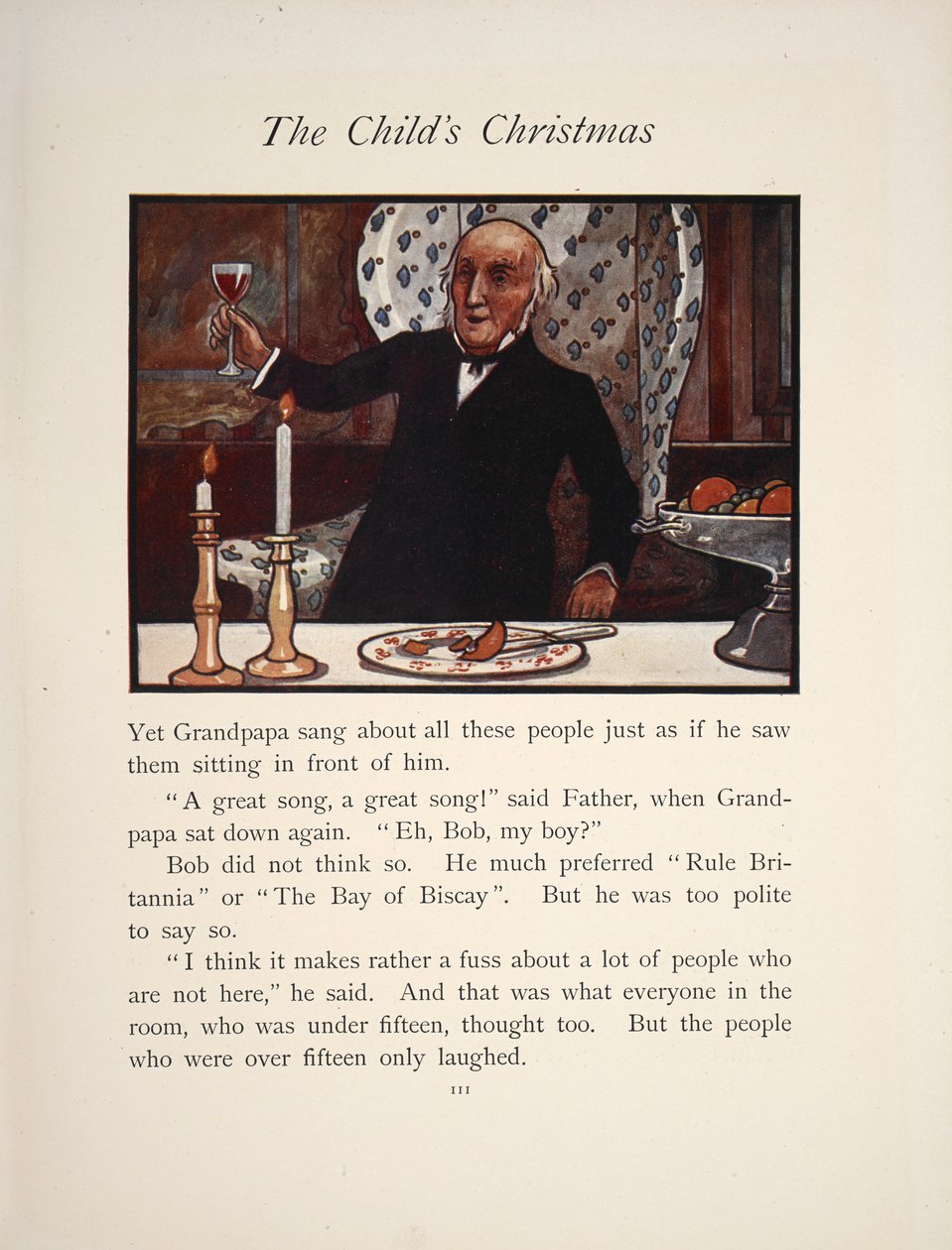 Illustration som visar en man som höjer ett glas vid en julmåltid. av Charles Robinson