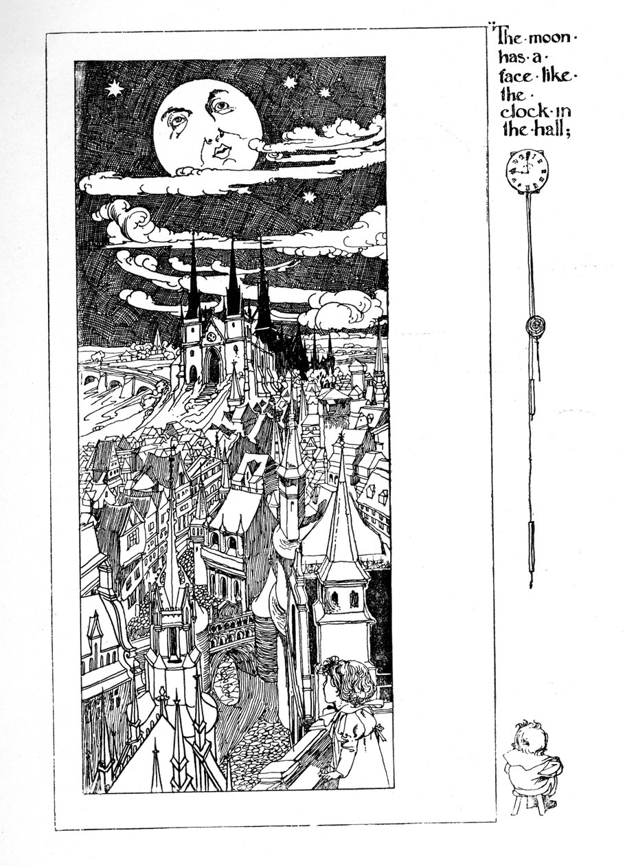 "Månen har ett ansikte som klockan i hallen", illustration från Robert Louis Stevensons "A Child
