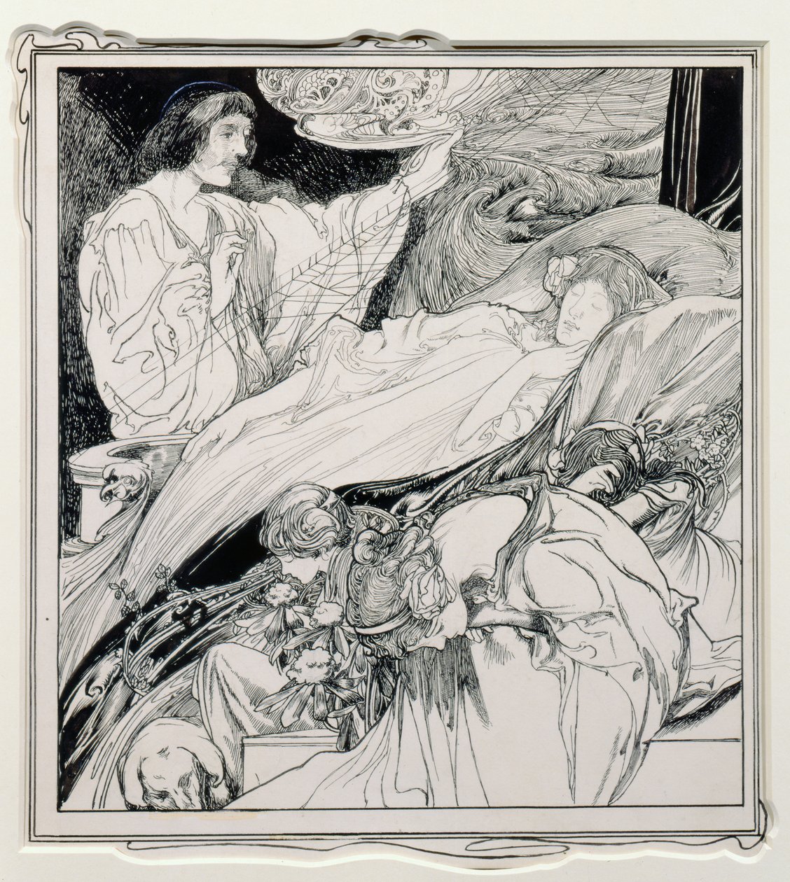 Där låg hon och såg så vacker ut, illustration från Briar Rose, The True Annals of Fairyland - The Reign of King Herla, pub. av J.M. Dent & Co. Ltd., 1900 av Charles Robinson
