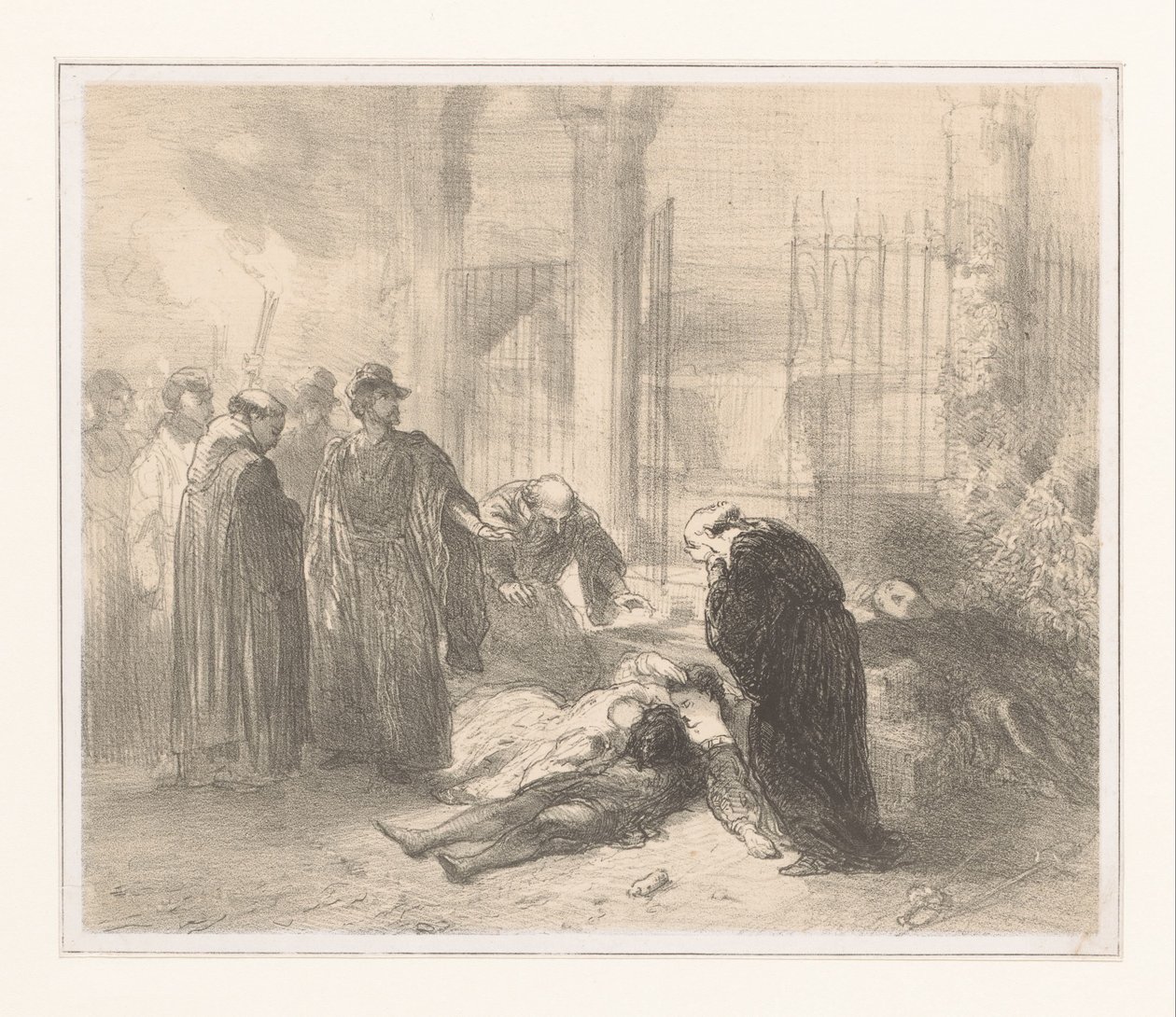 Kroppar av Romeo och Julia bland sorgfigurer av Charles Rochussen