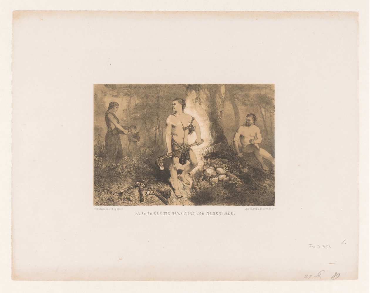 Män, kvinna och barn i skogen kvener, Nederländernas äldsta invånare (titel på objekt) av Charles Rochussen
