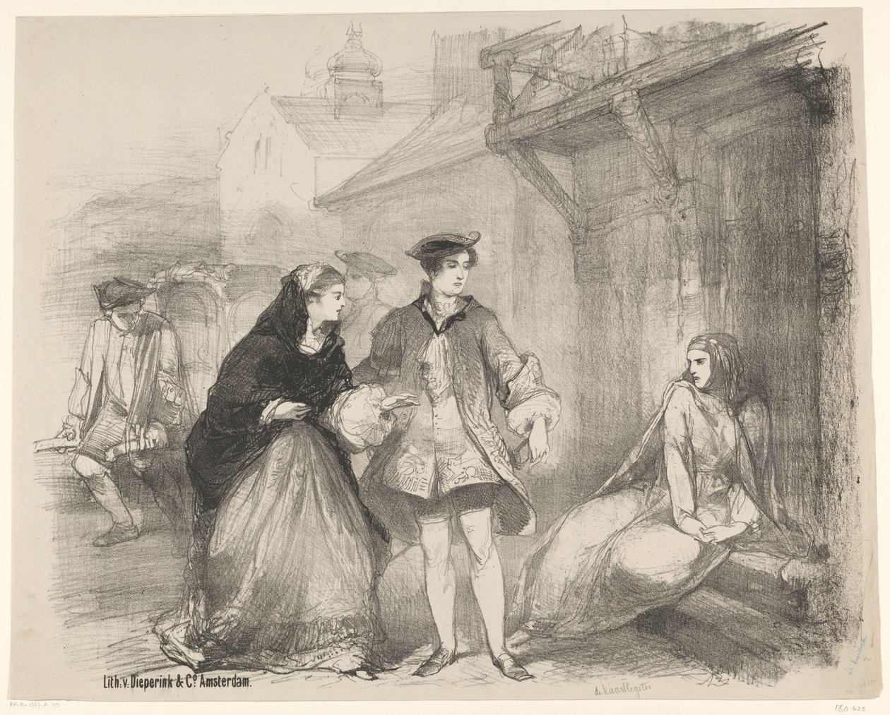 Scen från pjäsen The Cardlayer Tillkännagivande Biljetter till baletter och pjäser som framförs i Amsterdam City Theatre (serietitel) av Charles Rochussen