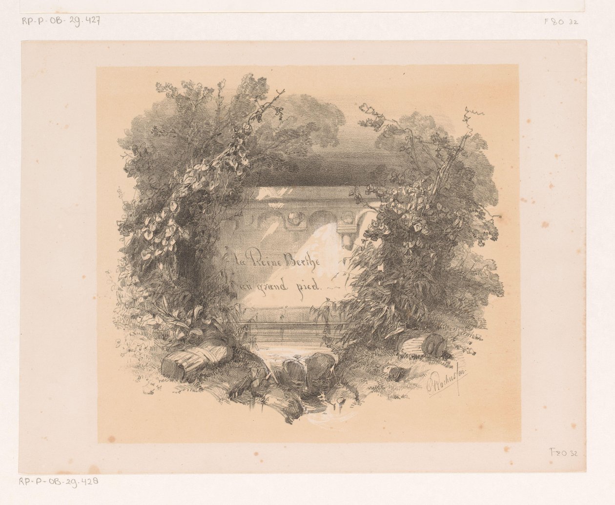 Titel på vägg i landskap Titelsida för: Jacques Collin de Plancy, La Reine Berthe au grand pied, 1842 av Charles Rochussen