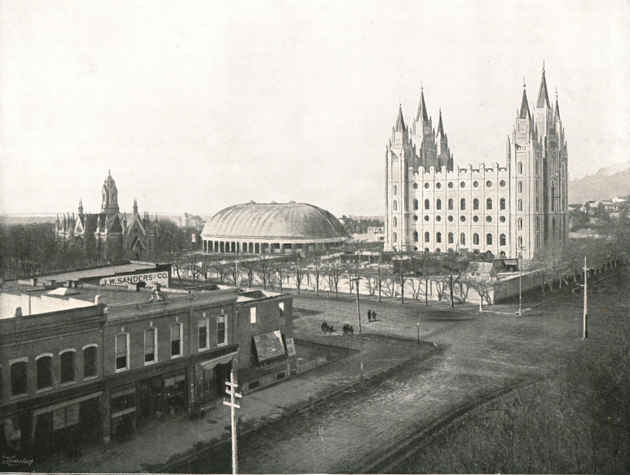 Samlingssalen, Tabernaklet och Mormontemplet, Salt Lake City, USA, 1895. av Charles Roscoe Savage