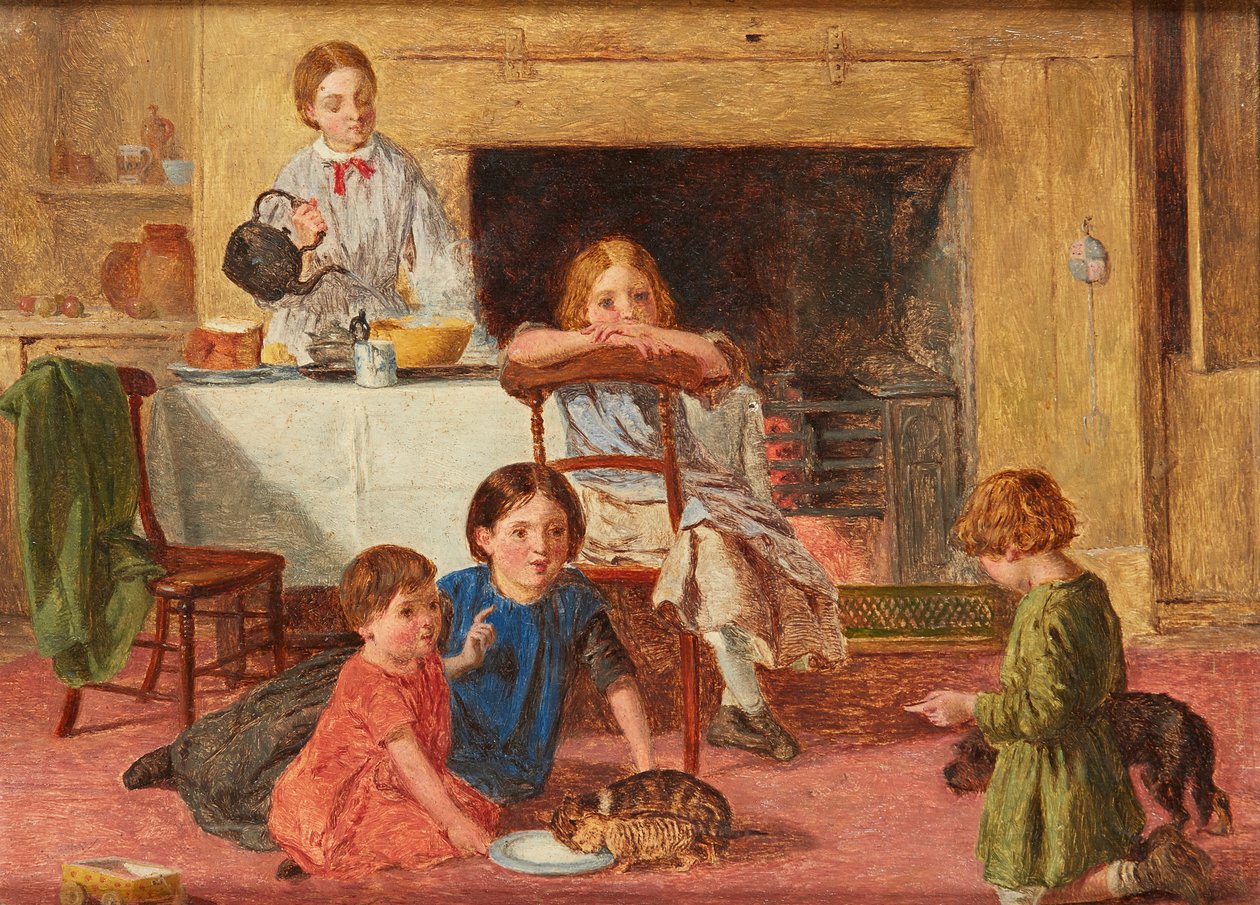 Mata den nya kattungen (olja på panelen) av Charles Rossiter