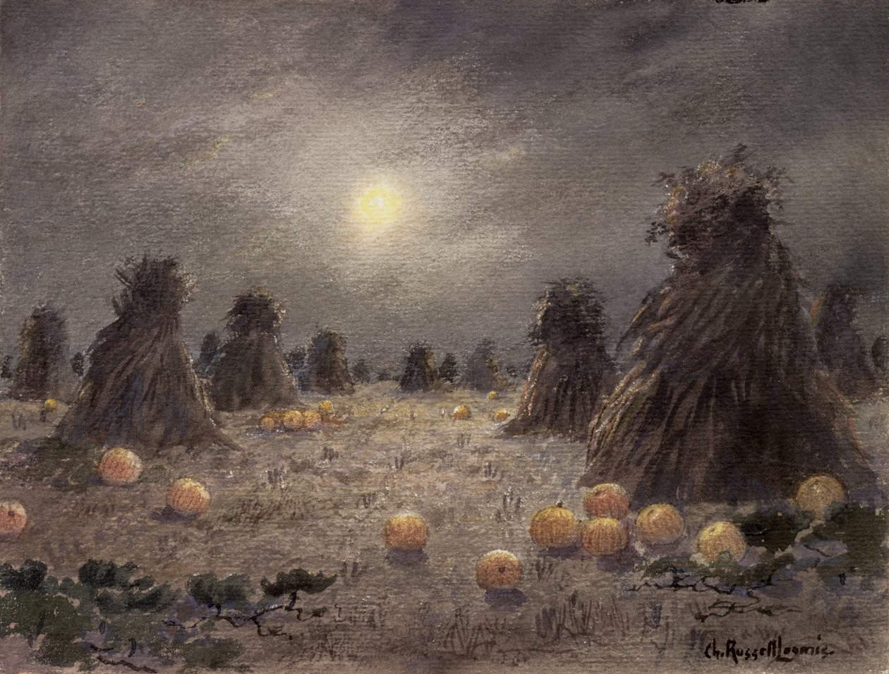 Autumn Harvest by Moonlight (wc på papper) av Charles Russell Loomis