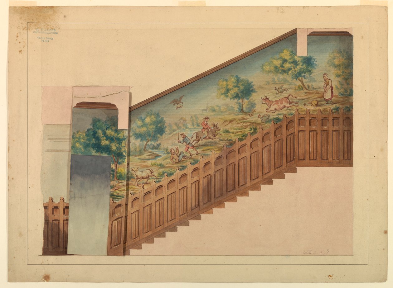 Design med överlägg för del av trappan i Château-sur-Mer, Newport, Rhode Island av Charles Salagnad, French