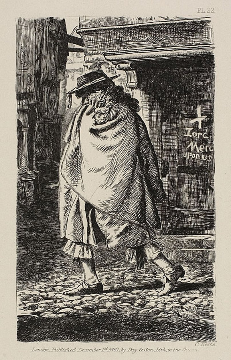 En klädd figur som passerar genom gatan (vid tiden för pesten i London) av Charles Samuel Keene