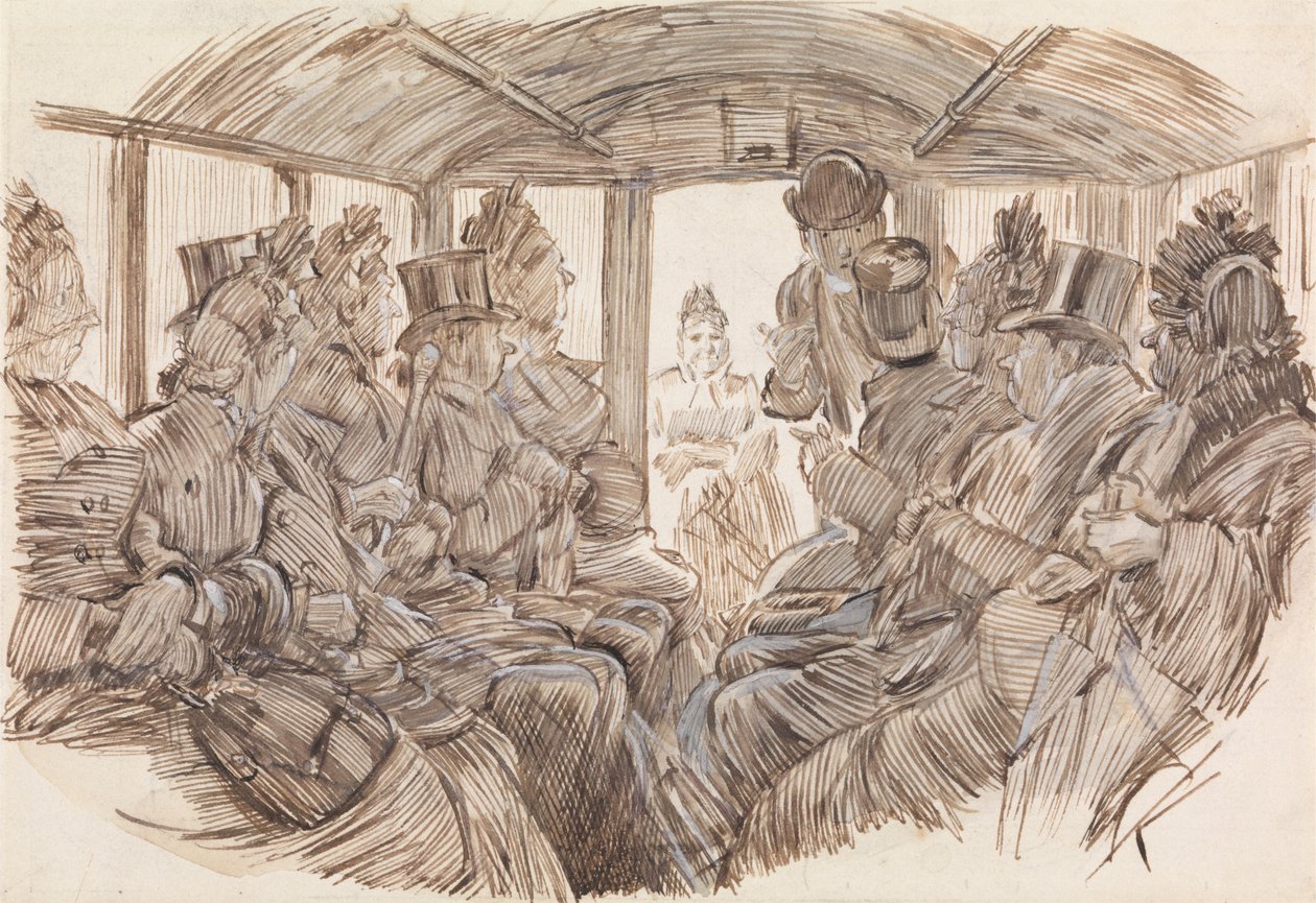 Interiör av en buss av Charles Samuel Keene