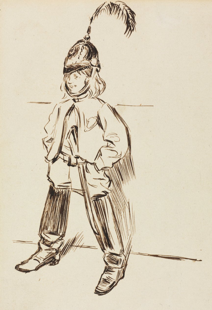 Studie av ett barn i hjälm och stövlar. av Charles Samuel Keene