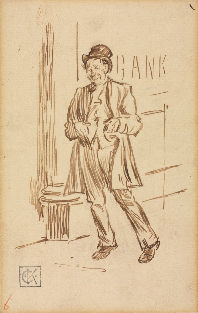 Studie av en berusad man som passerar en bank. av Charles Samuel Keene