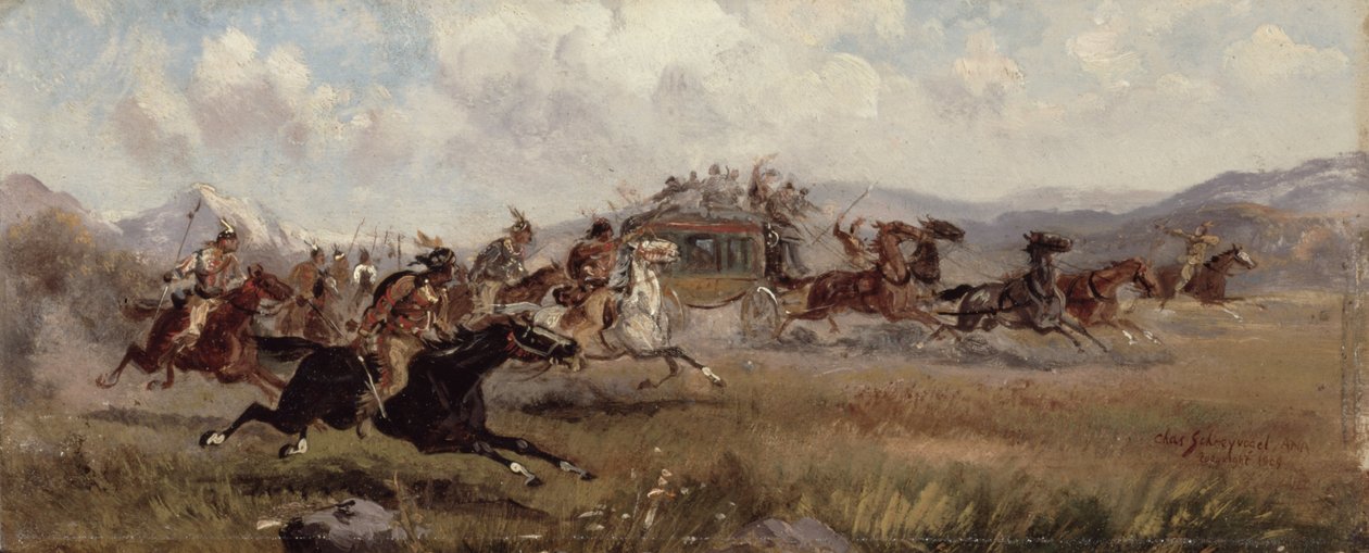 Sioux attackerar en diligens, 1909 av Charles Schreyvogel