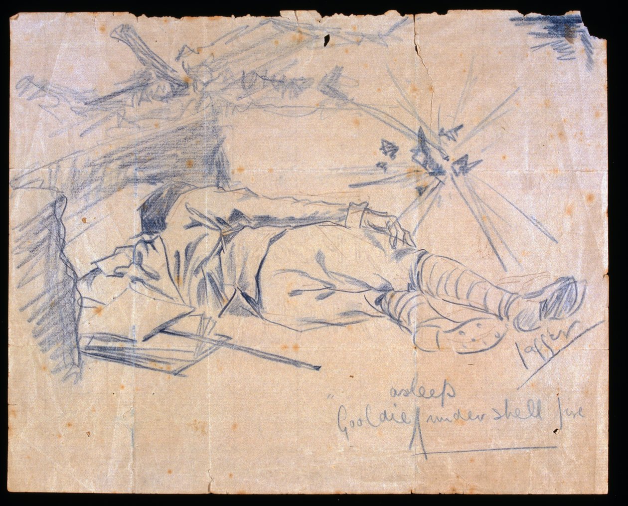 Löjtnant Leslie Gooldie sov under granatbeskjutning, 1915 av Charles Sergeant Jagger