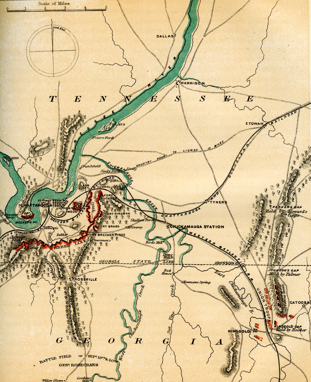 Karta över Chattanooga och dess försvar, Tennessee, 1862-1867. av Charles Sholl