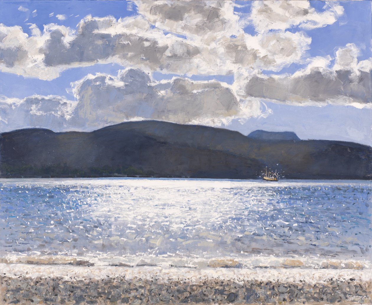 Fiskebåt, Loch Broom, 2017 (olja på duk) av Charles Simpson