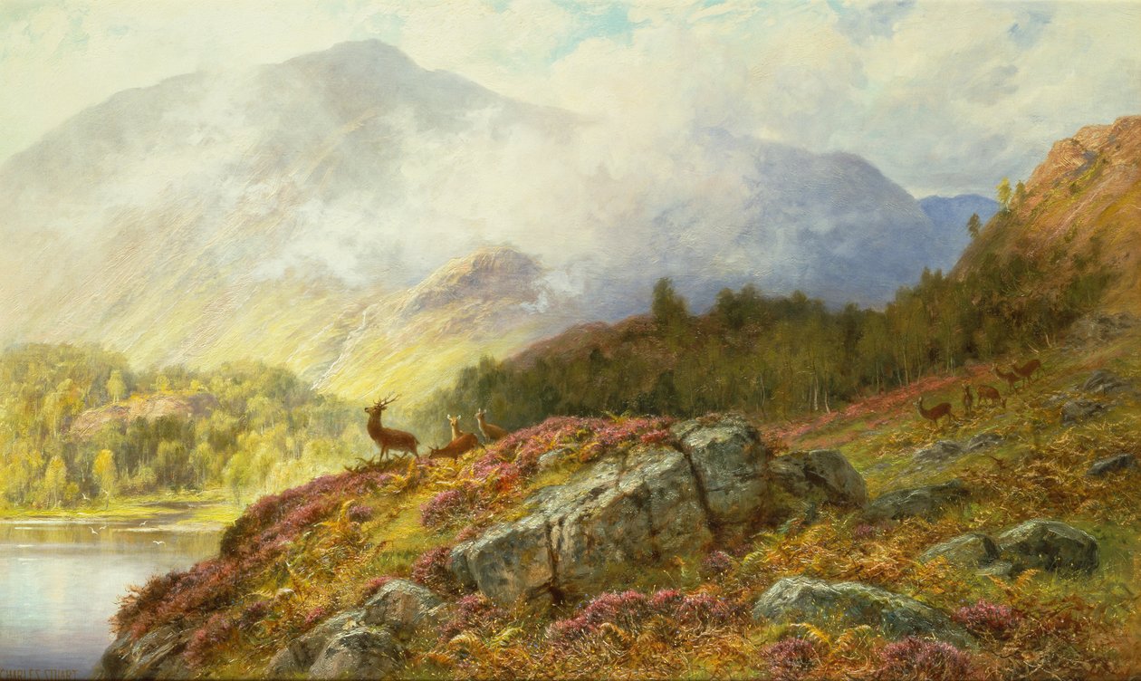 Hjortar i ett höglandslandskap (olja på duk) av Charles Stuart