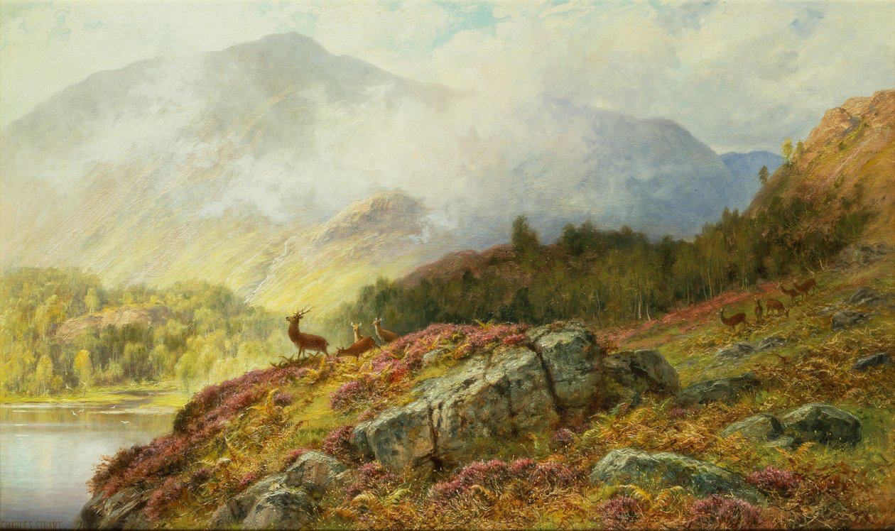 Hjortar i ett höglandslandskap (olja på duk) av Charles Stuart