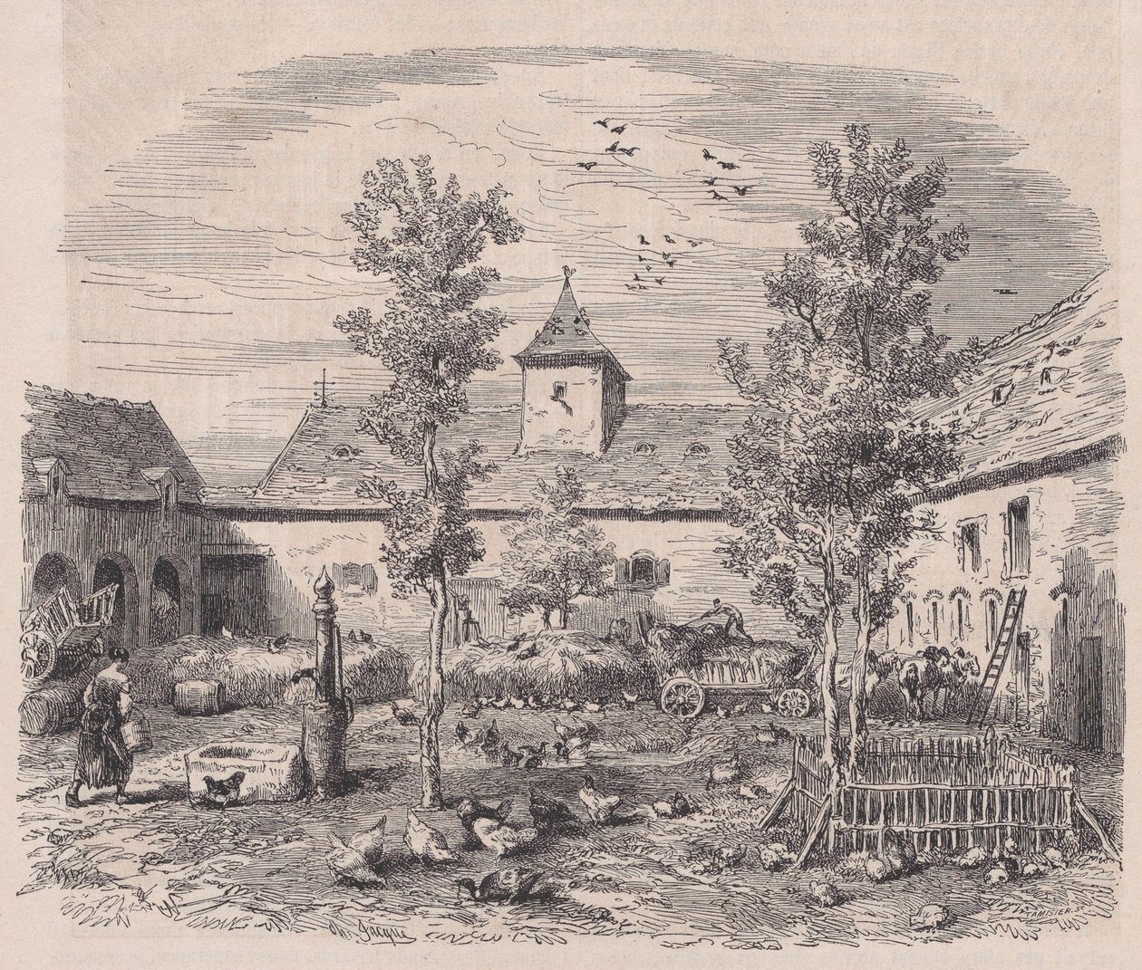 Interiörvy av en gård, från Le Magasin Pittoresque, ca. 1852. av Charles Tamisier