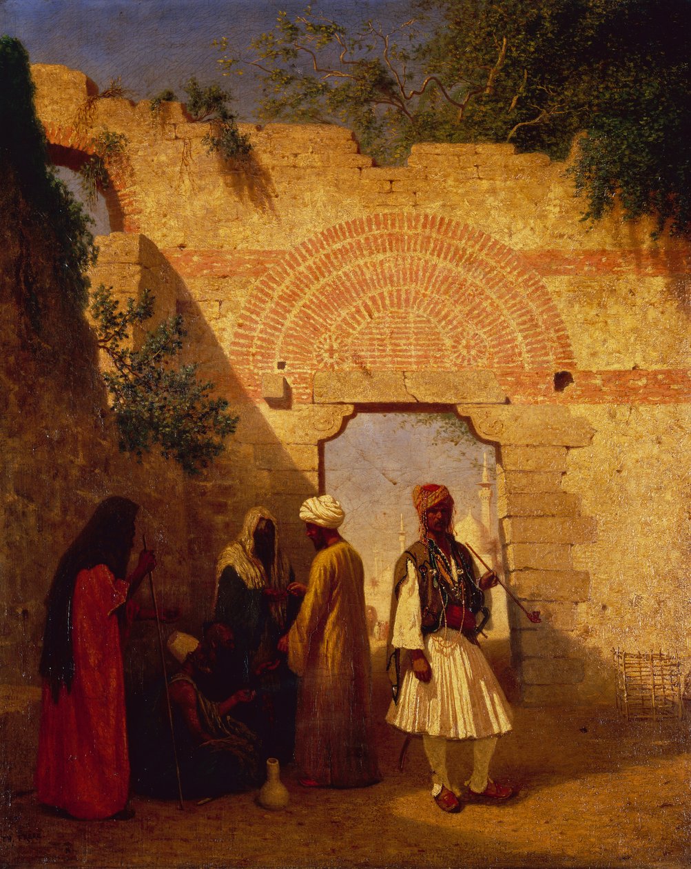 Araber framför en port, Damaskus, Syrien (olja på duk) av Charles Theodore  Frere