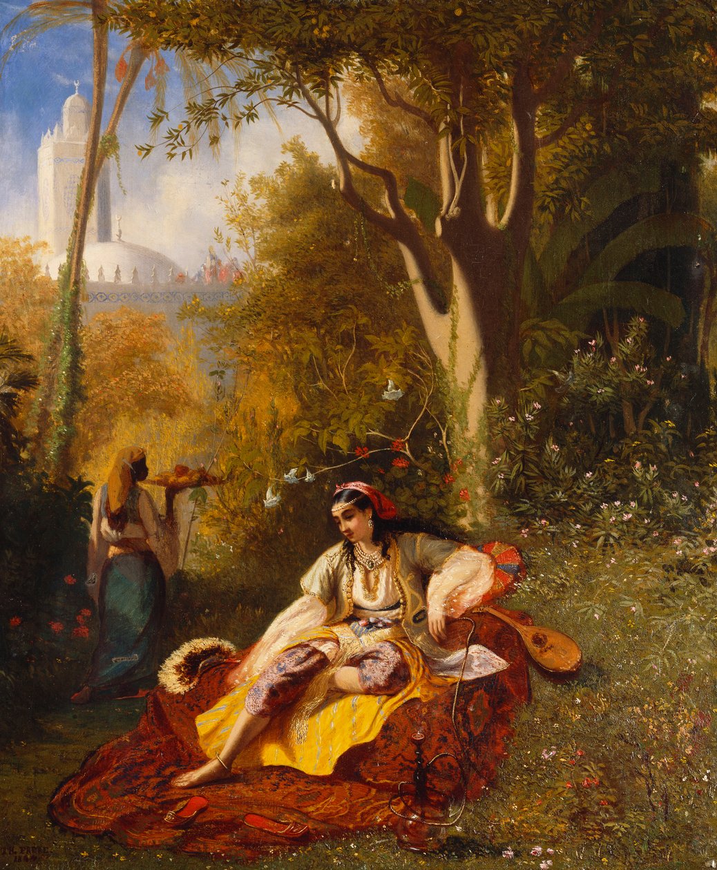 En algerisk kvinna och hennes tjänare i en trädgård, 1844 av Charles Theodore Frere