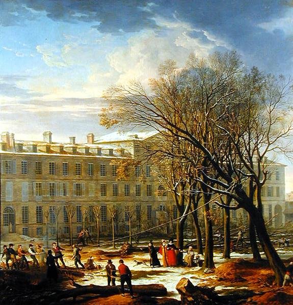 Figurer som fäller träd utanför en byggnad i Paris (olja på duk) av Charles Thevenin